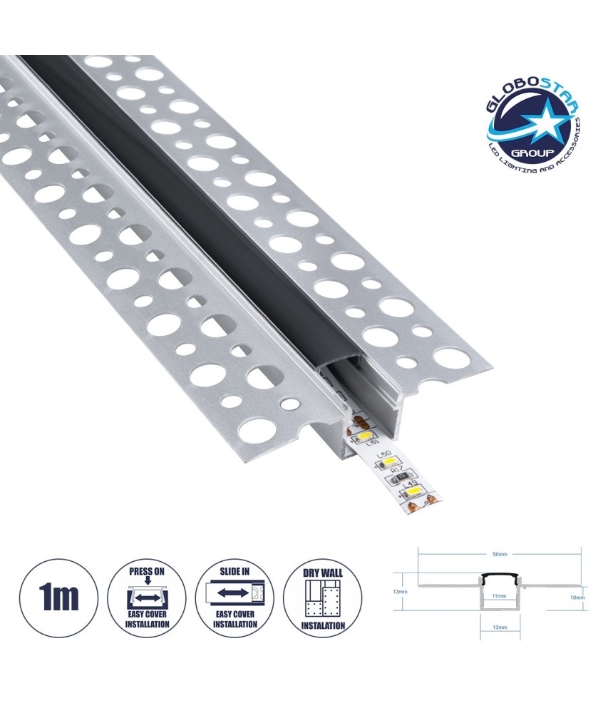 GloboStar® PLASTERBOARD-PROFILE 70839-1M Προφίλ Αλουμινίου - Βάση & Ψύκτρα Ταινίας LED με Μαύρο Φιμέ Κάλυμμα - Χωνευτή Χρήση σε Γυψοσανίδα - Trimless - Πατητό Κάλυμμα - Ασημί - 1 Μέτρο - Μ100 x Π5.6 x Υ1.5cm